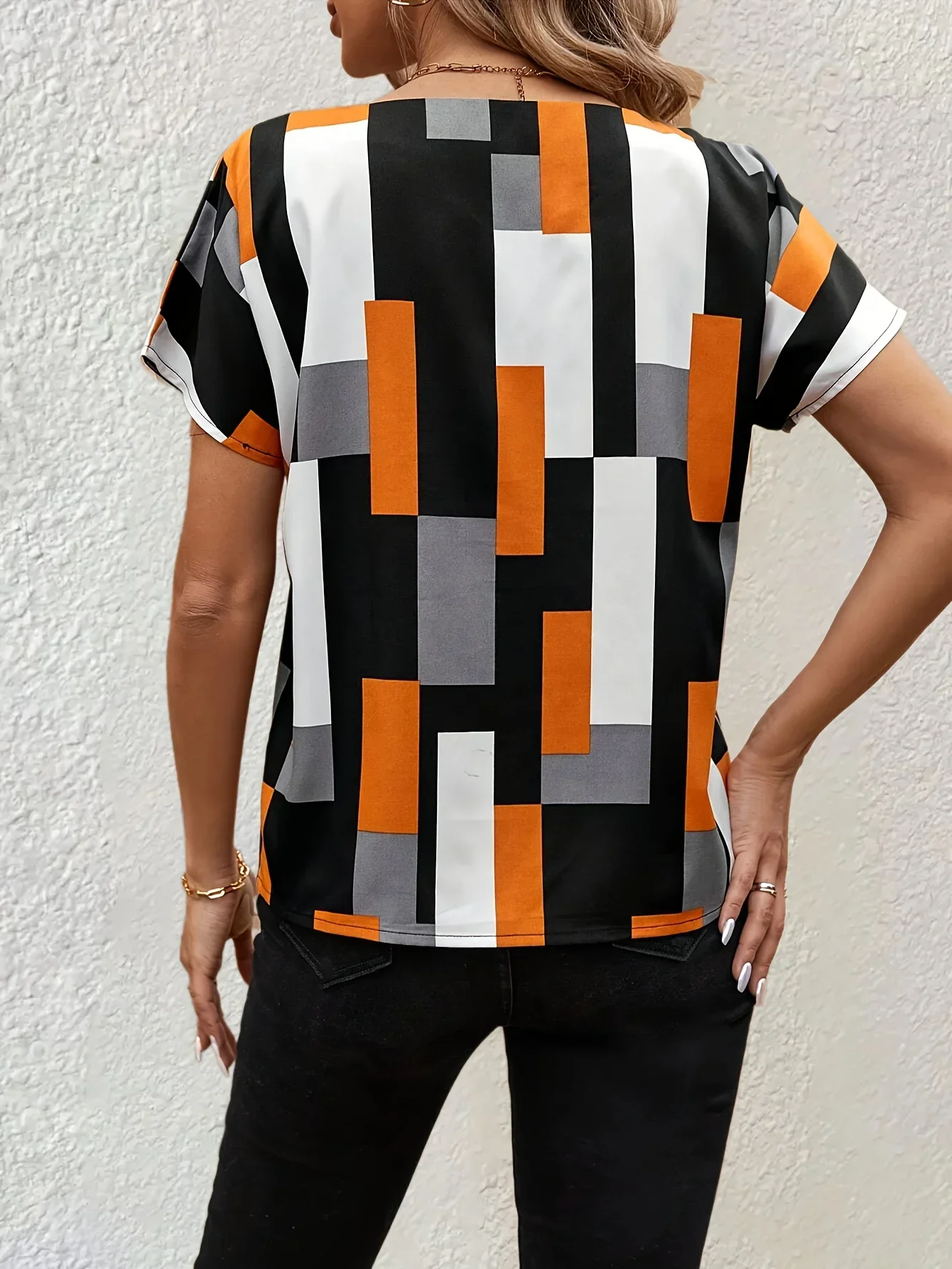 

Плюс размер 1XL-5XL, женская модная рубашка с воротником-стойкой и геометрическим принтом, женская повседневная футболка с коротким рукавом, топы