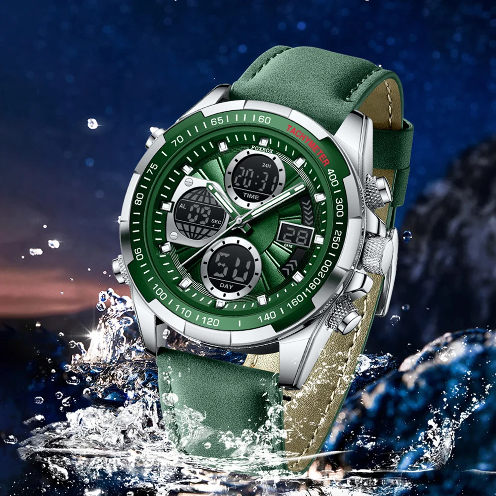 أزياء رجالي ساعات فاخرة حزام من الجلد الأعمال كوارتز ساعة اليد الرياضة في الهواء الطلق للماء رجل ووتش LED عرض مزدوج على مدار الساعة