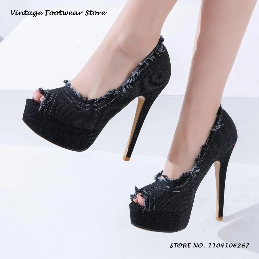 Denim Frayed Raw Edge Platform Pumps Peep Toe Thin Heels Plus Size Dress Shoes Women's Y2K Vintage Shallow Slip-on Stilettos