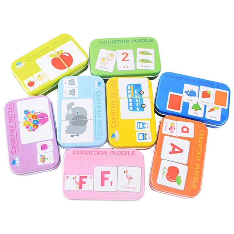 Alphabetisierung für Kinder, kognitive Karte, Eisenbox, frühe Bildung, Tier, Obst, Transport, passende Karte, Puzzle, Lernspielzeug