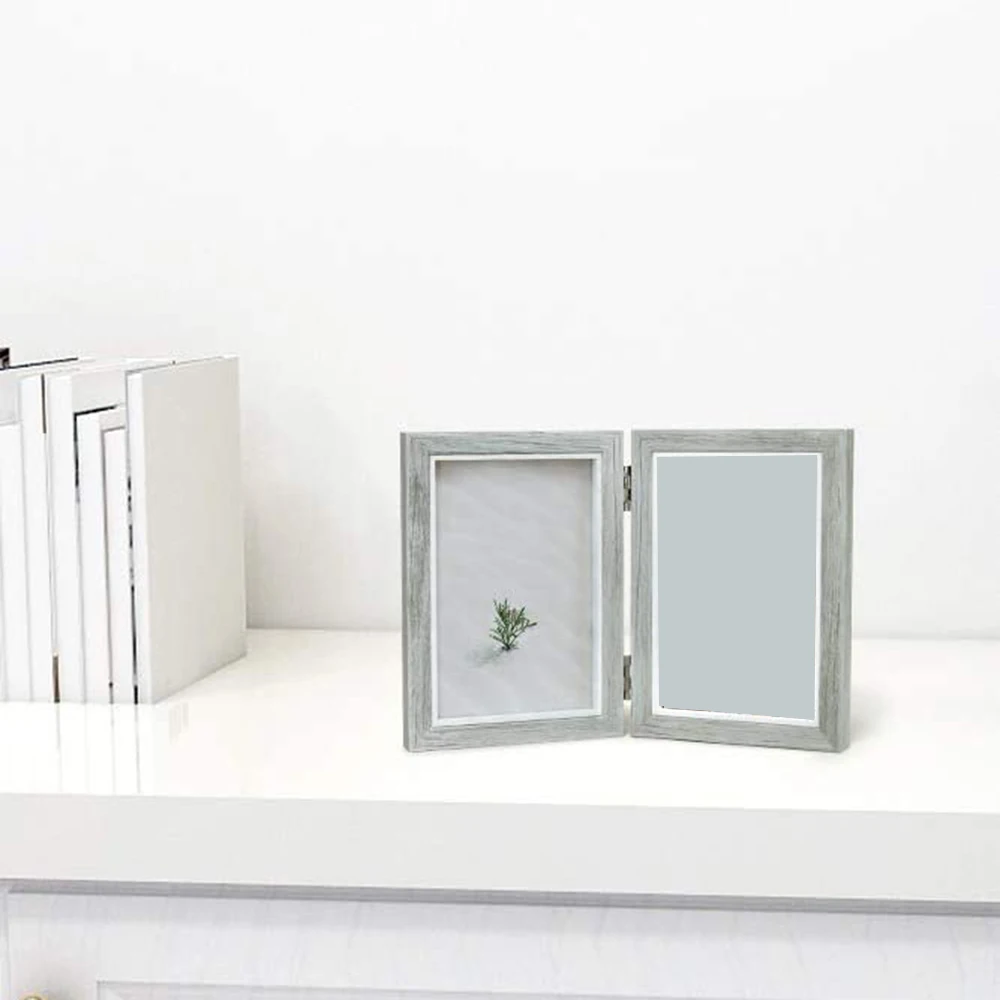 ABMS-Double Picture Frame 4X6in Rustic Grey Photo Frames Wooden Hinged Folding,Wedding Gifts,Mother's Father's Day Present