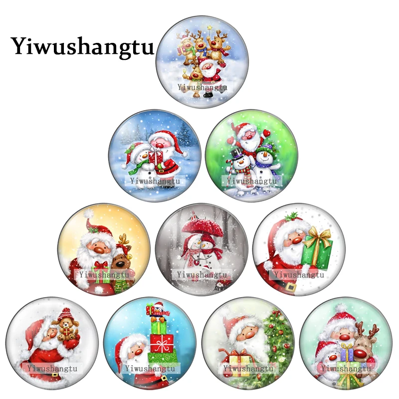 Cartoon Santa Claus christmas snowman deer paintings 12mm/20mm/25mm Round photo glass cabochon demo flat back Making findings