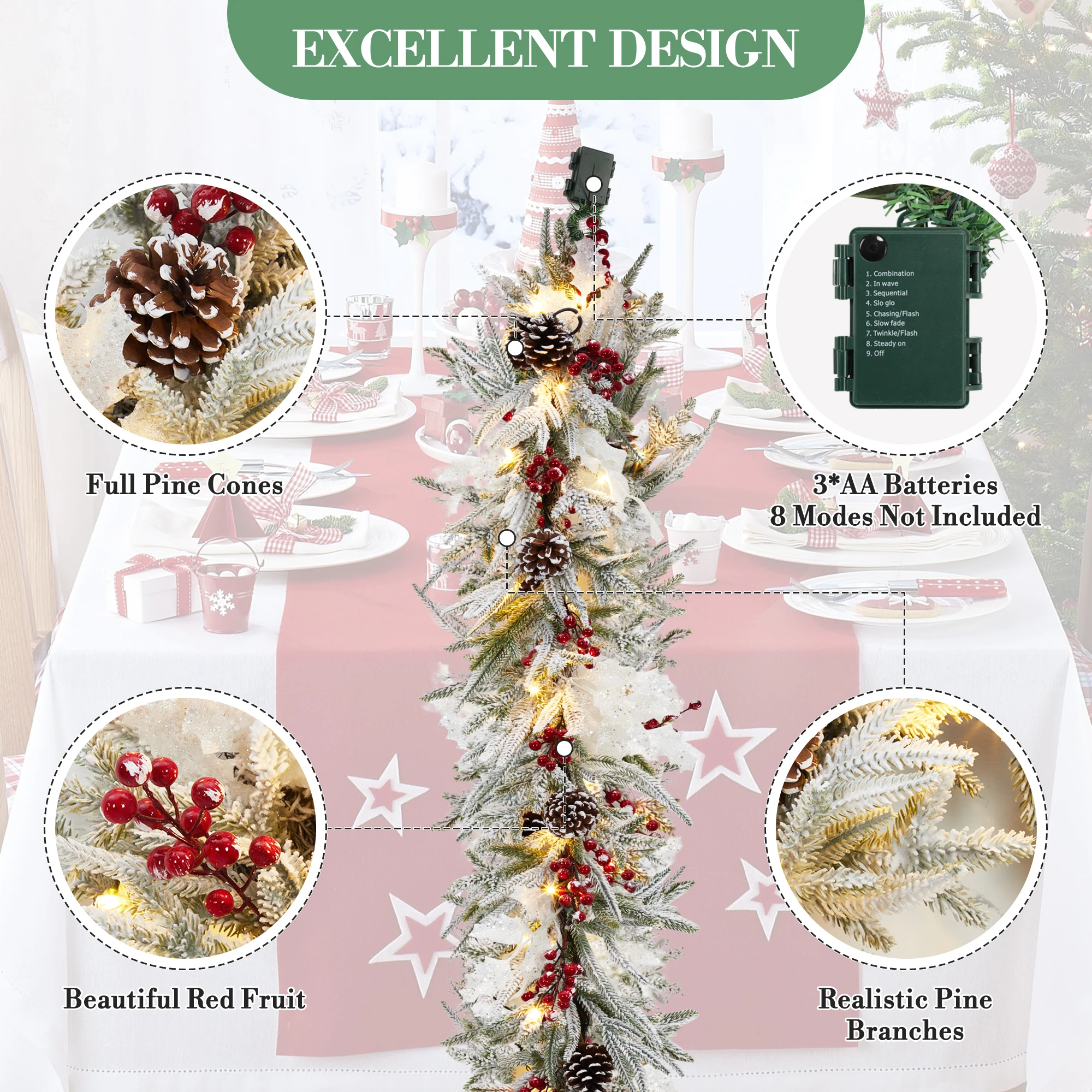6ft Pre-Lit Christmas Garland - 20 LED Lights, 8 Modes - Real Touch Frosted Pine Greenery with Pine Cones, Red Berries & White Leaves for Mantel, Fireplace, Stairs, Porch Decor - view 2