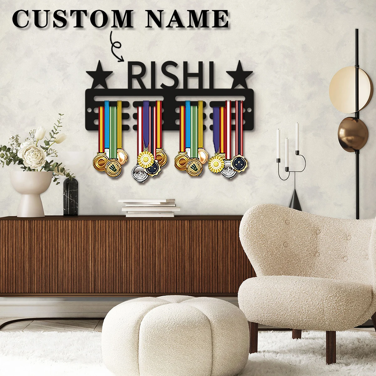 1pc Custom Modern Style Star Decor Frame Wooden Sports Medal Holder, Wall Mounted Display Stand for Sports Lovers Gift view 5