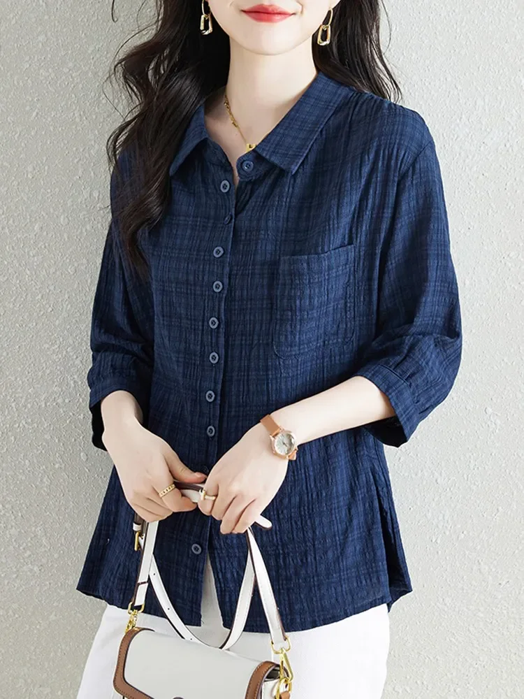 

New Arrival 2025 Korean Style Vintage Plaid Half Sleeve Loose Female Tops Shirts B3062 100% Cotton Women Casual Shirt
