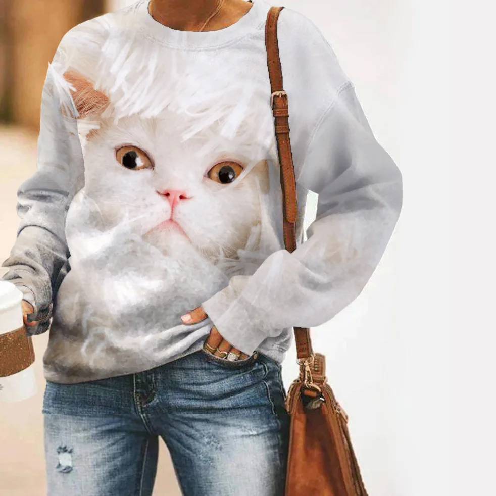 Fashion Cute Cat Sweatshirts Animal 3D Print Women Autumn Casual Long Sleeve Hoodies Y2k Streetwear Pullover Top Female Clothing