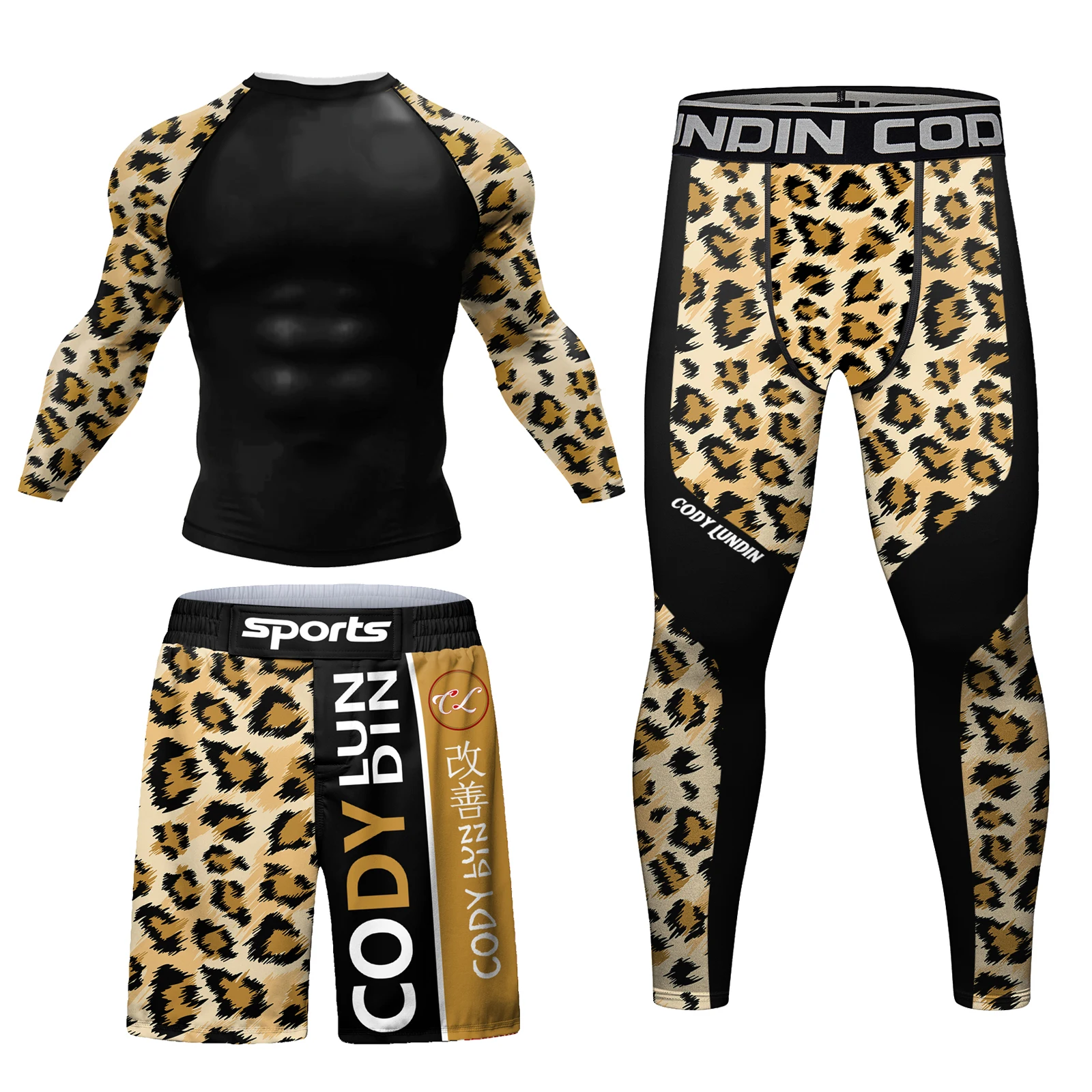 Leopard print Fitness Men Sports Suit High Quality Compression Masculine Rash Guard Shirt Boxing Grappling Gym Shorts 4Piece