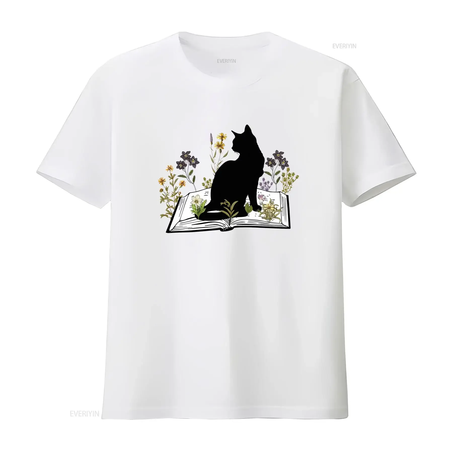 Vintage Dark Academia Black Cat Wild Floral Open Book Print Casual T Shirt vintage Washed fashion Breathable Comfortable