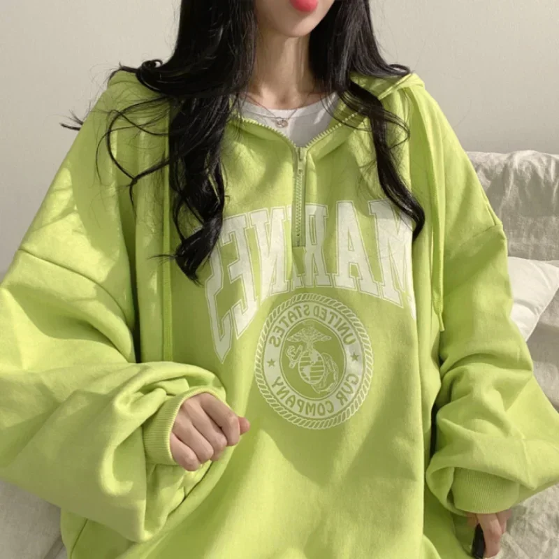 Spring Autumn Korean Harajuku Oversized Zip Up Hoodies Women Fashion Letter Print Casual Loose Sweatshirts Y2k Streetwear Women