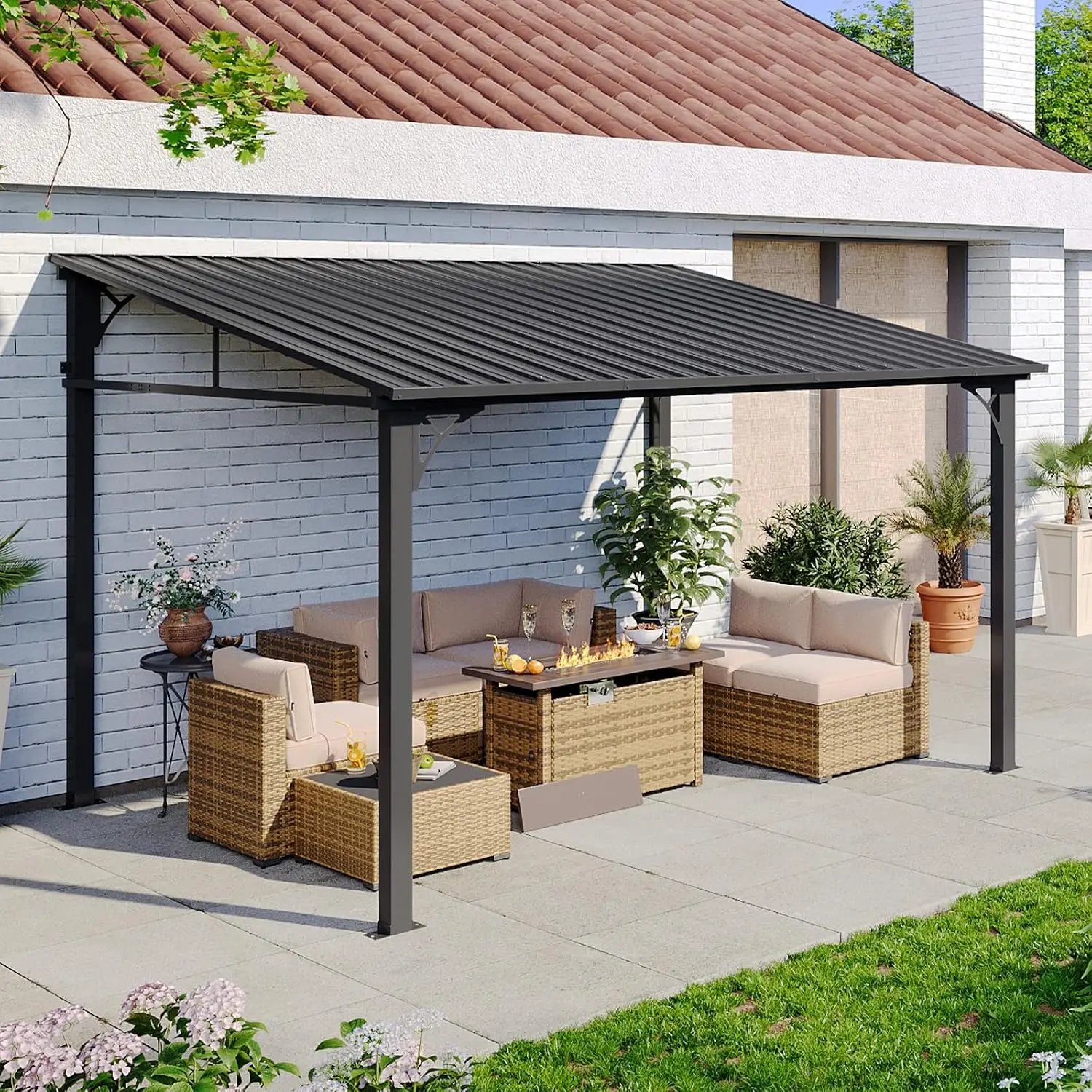 10'x12' Lean to Gazebo Hardtop Pergola Sloped Roof Heavy Duty Aluminum Frame Wall-Mounted Awning Patio Backyard Deck, Customized