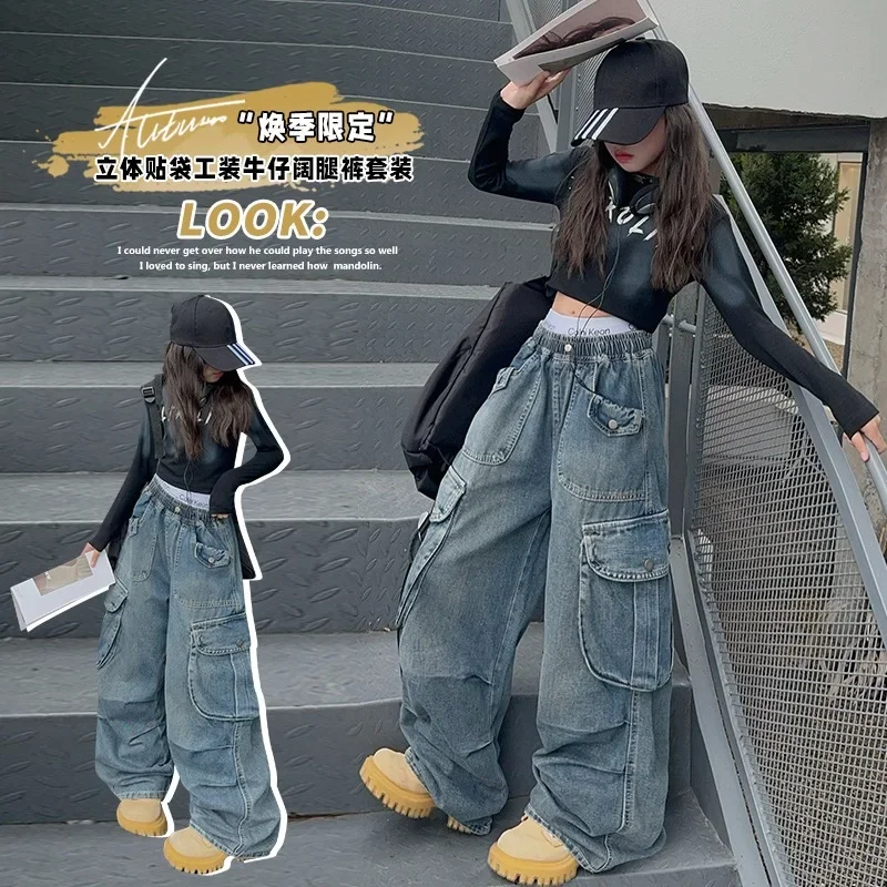 Nieuwe 2025 meisjes grote zak jeans lange broek streetwear kinderen losse wijde pijpen denim cargobroek tiener lente casual kleding