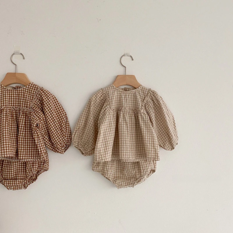 Spring Toddler Baby Girls Set Cotton Plaid Blouse and Shorts Sets for Kids Infant Outfits