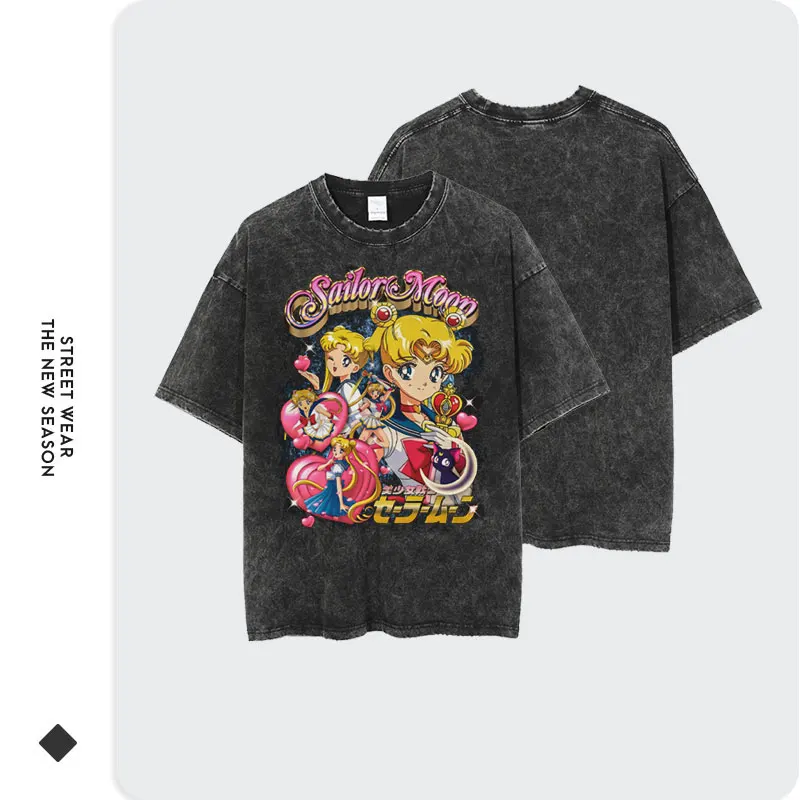 Anime Sailor Moon T-shirts Vintage Washed Tsukino Usagi Streetwear Cute Girl T-shirts Oversized Manga Short Sleeve Tops Tees