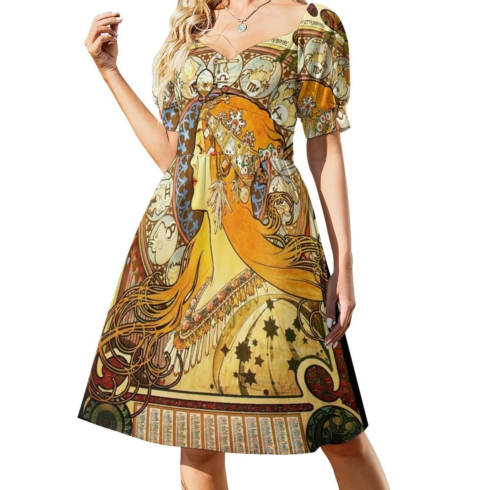 La Plume Zodiac - Alphonse Mucha Short Sleeved Dress summer clothes for women Dress