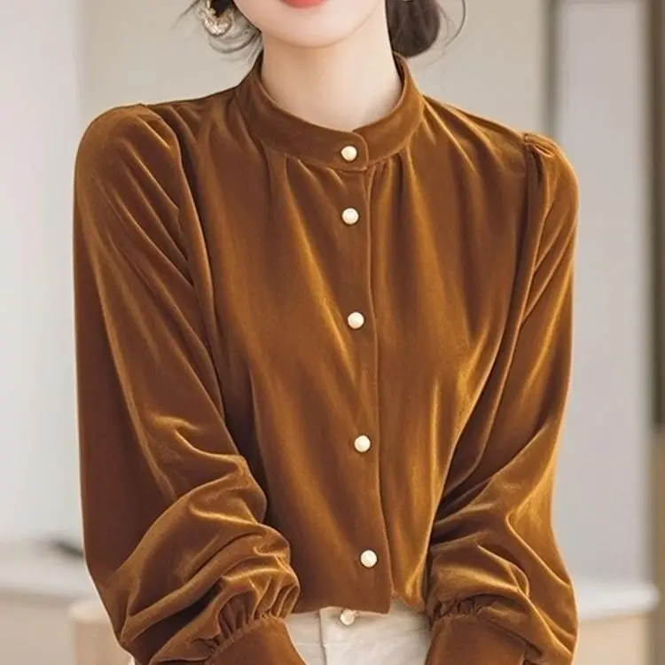 Elegant Velvet Long Sleeve Shirt Trendy Design Autumn Winter Unique Fashionable Women's Casual Shirt Korean Style Loose Fit