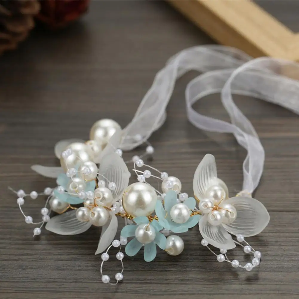 Women Flower Hairband Faux Pearl Princess Style Fairy Girls Flower Wreath Lace Up Bridal Wedding Headband Children Flower Crown