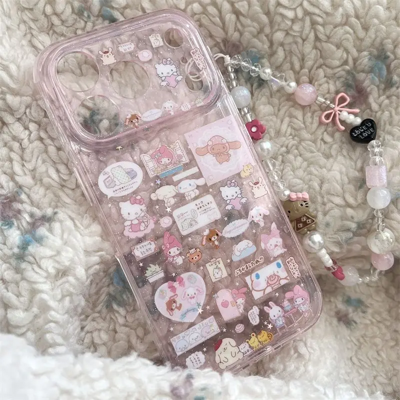 Cute Cartoon Cat Pattern Glitter Full Screen Phone Case for Iphone 17 16 15 14 Pro Max Acrylic Shockproof Back Cover with Chain