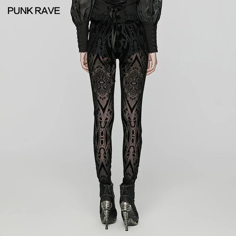 PUNK RAVE Leggings de malla flocados con estampado gótico oscuro para mujer, pantalones negros personalizados, ropa