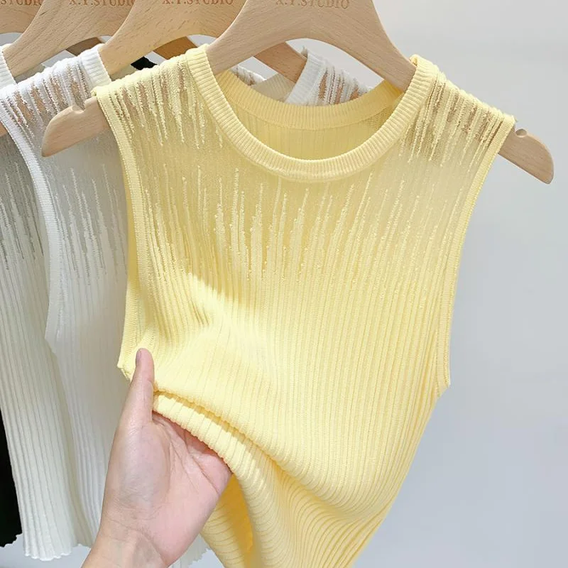 Mesh Patchwork Sleeveless Women Knitted Tank Top Fashion Pullover Bottoming Korean Female Clothing Summer New Solid Casual Tops