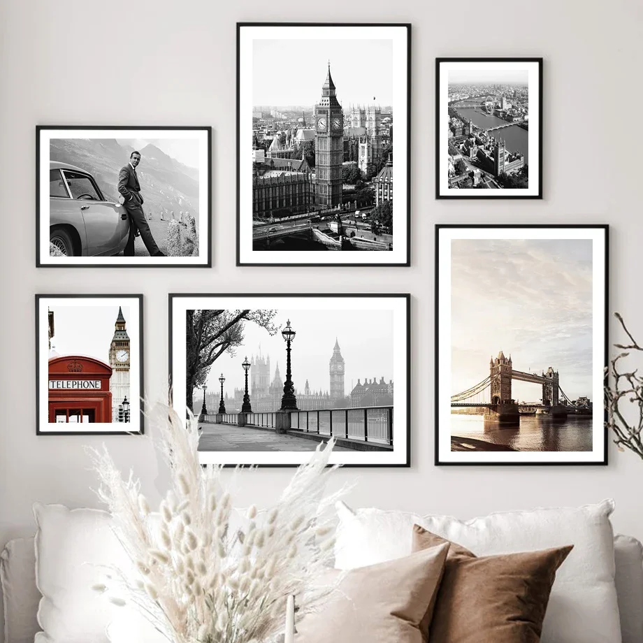 

London Landmarks Canvas Painting - Black White Wall Art Print of Tower Bridge & Big Ben Telephone Booth for Living Room Decor