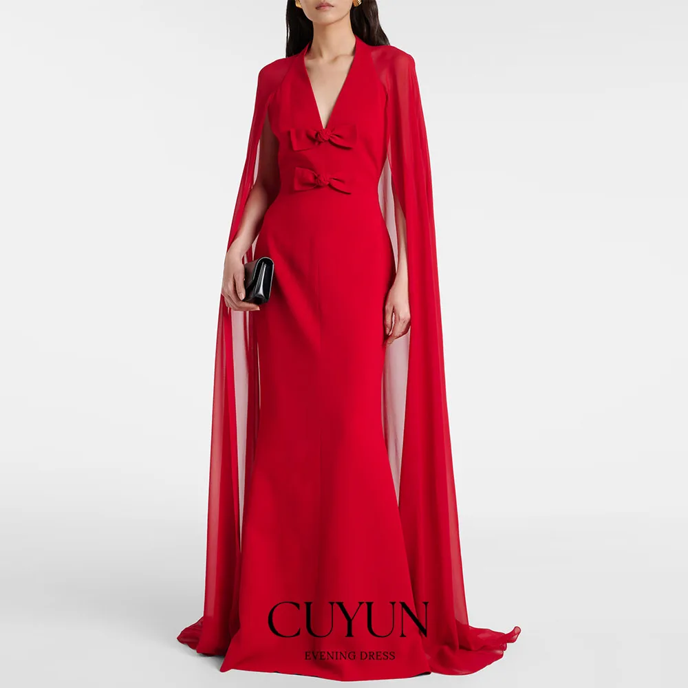 CUYUN Abiti da sera personalizzati con maniche a mantella con scollo a V rosso con fiocco Abito da cerimonia formale per cena in chiffon Abito da ballo per occasioni speciali
