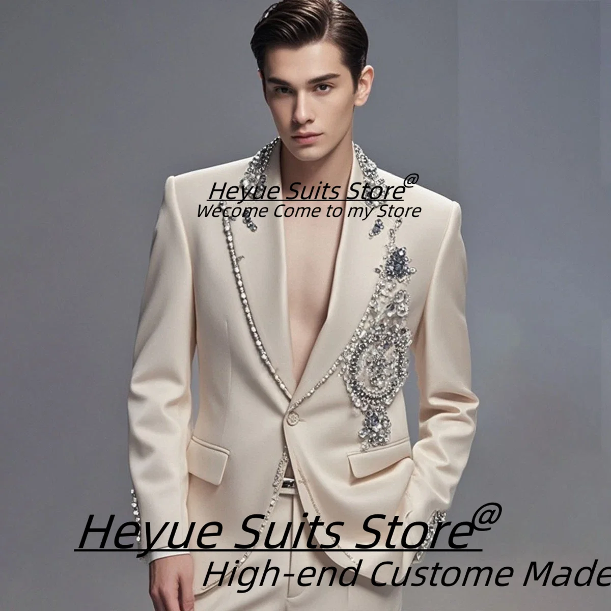 Shiny Rhinestone Bead High-end Men Suits Customized Slim Fit peak Lapel Groom Wedding Tuxedos 2 Pieces Sets Male Prom Blazers