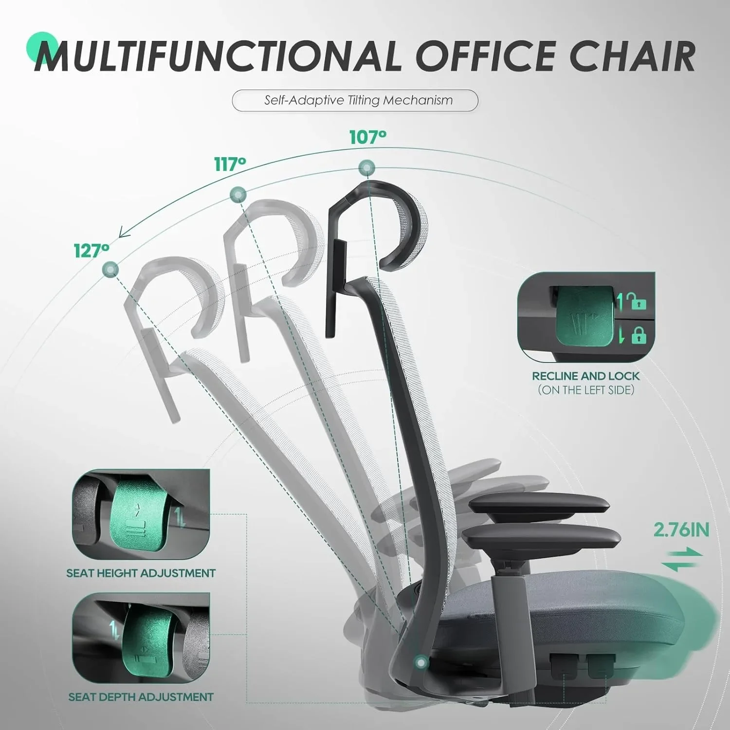Ergonomic Office Chair, High Back Executive Desk Chair with Adjustable Lumbar Support & Headrest, 4D Arms