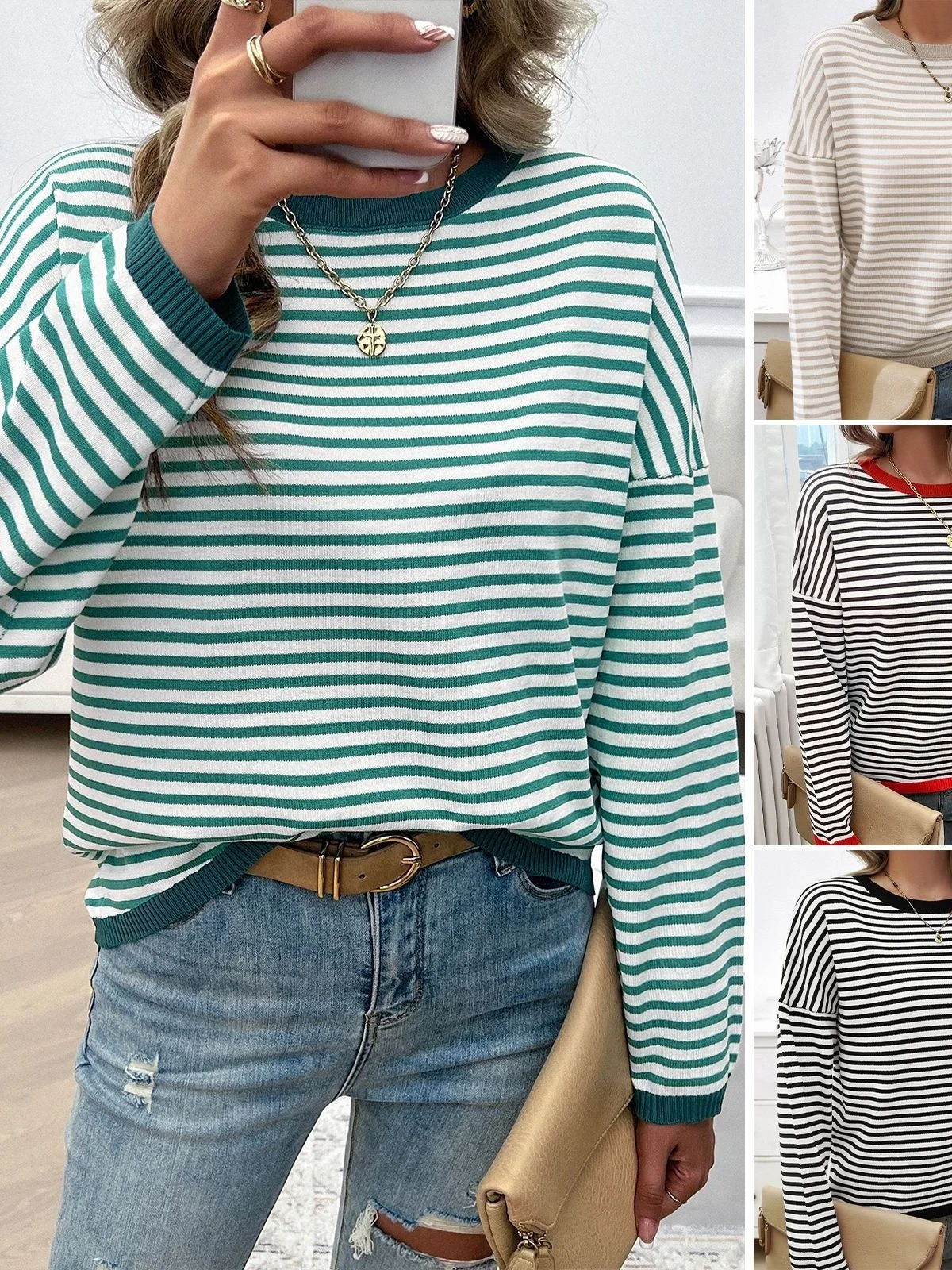 

Women's Loose Long Sve round Ne Striped Color Blo Spor Top Silk Material Thin Autumn Spring Faion Ladies Tee