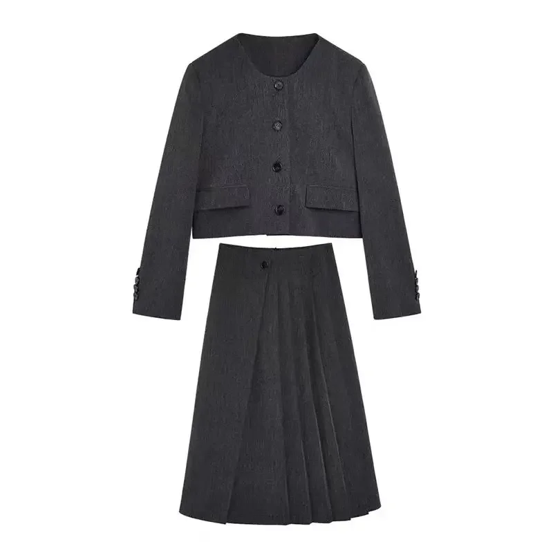 UNXX Autumn/winter British Style Round Neck Woolen Blazer + Pleated Skirt Suit Retro Casual Woolen Coat Skirt Two-piece Suit