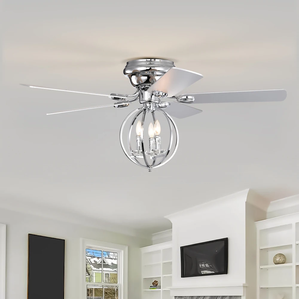 5-blade 52-inch Chrome Ceiling Fan with 3-Light  (NO INCLUDE BULB) Chandelier (Remote Controlled)  for Farmhouse Patios Bedroom