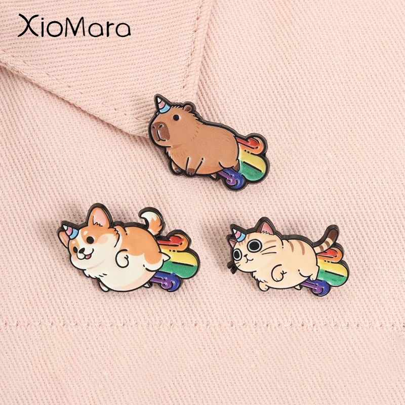 Einhorn Tier Emaille-Anstecknadel Cartoon Orange Katze Shiba Inu Capybara Regenbogen-Schwanz Broschen Revers-Abzeichen Schmuck Geschenke für Kinder Freunde