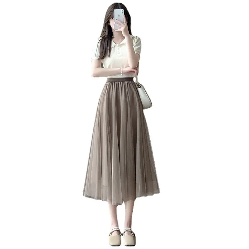 2025 New Spring Summer Vintage Tulle Skirt Fashion Women Elastic High Waist Mesh Skirts Long Pleated Tutu Female Skirt