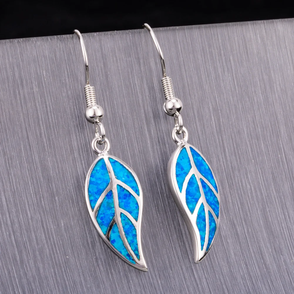 KONGMOON Nature Leaf Shape Ocean Blue Fire Opal Jewelry for Women Dangle Drop Earrings