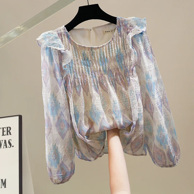 

Faionable Heavyweight Print Splicing round Ne Overhead irt Design Versatile Elegance Top Women Trendy Polyester Long Sl...