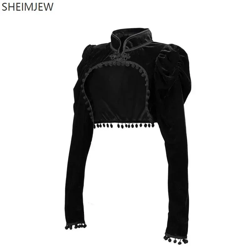 

Medieval Steampunk Jacket Black Tassel Stand Collar Short Top Women Gothic Coat Navel-exposed Long Sleeve Retro Slim Fit Coats