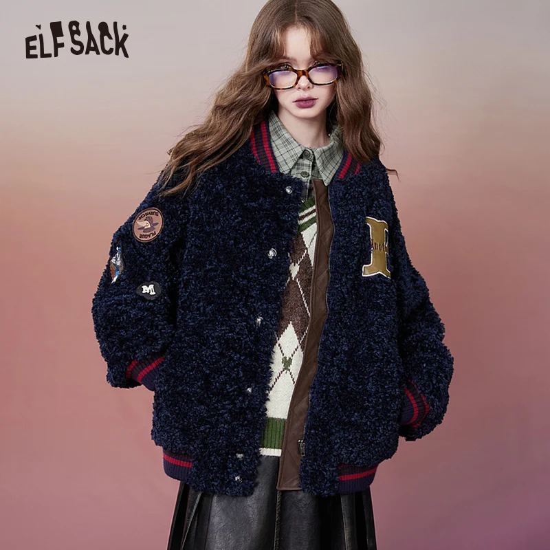 

ELFSACK Fashion 2000s Retro Fleece Baseball Jackets Woman 2023 Winter Designer Outwears