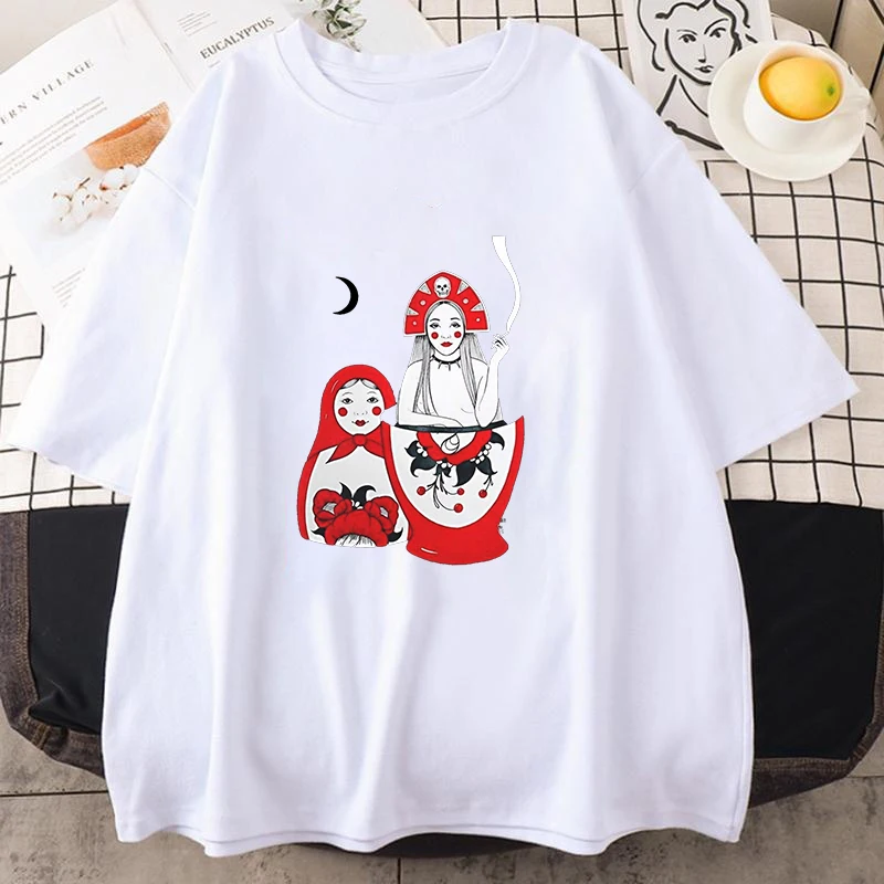 Streetwear Unisex T Shirt Russian Doll Pattern Cute Style Y2k Matryoshka Doll Casual Tee Men Women Round Neck Short Sleeved Tops