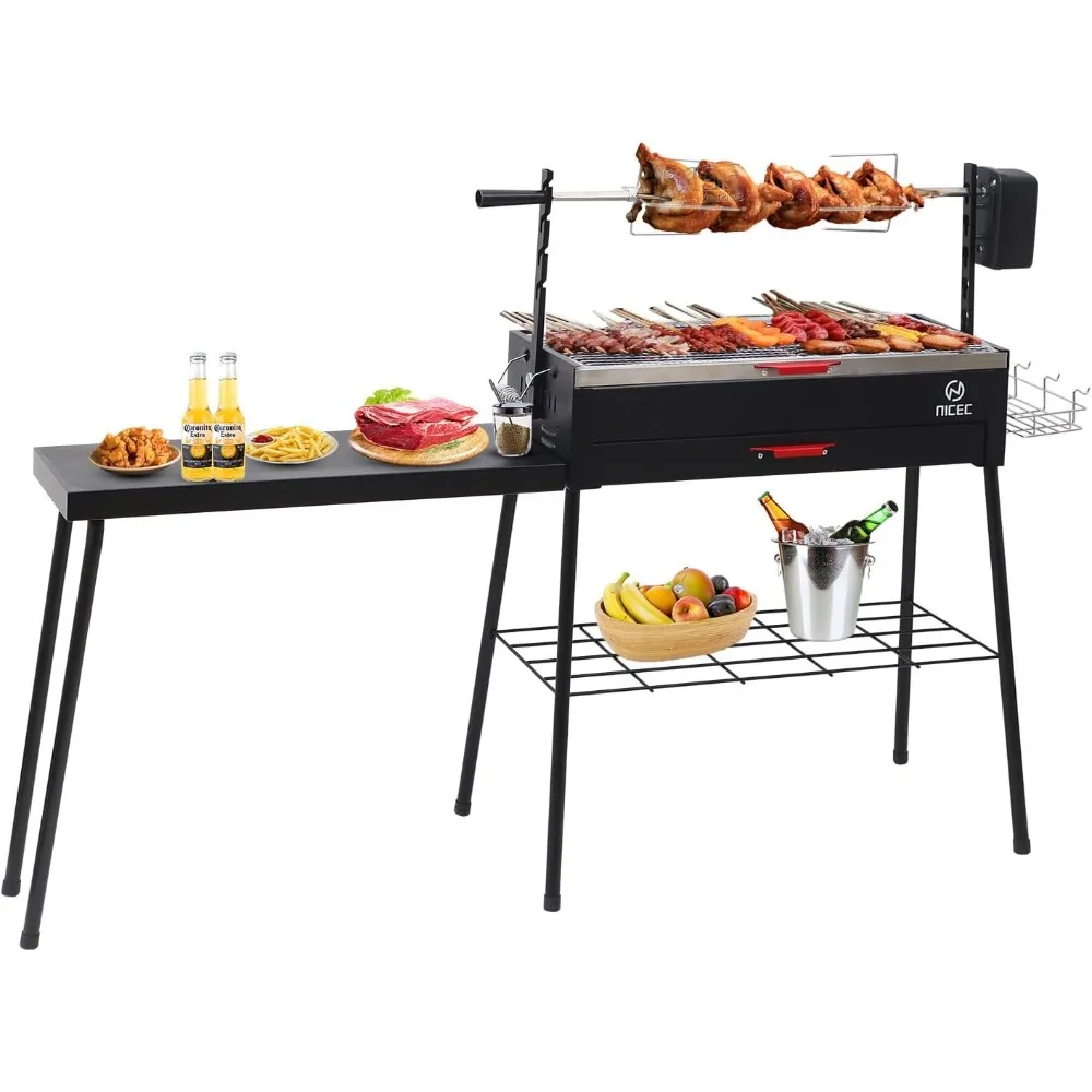 Charcoal Grill, Portable Charcoal Grill, Rotisserie Grill, Foldable Camping Barbecue with Detachable Table, Stainless Grills