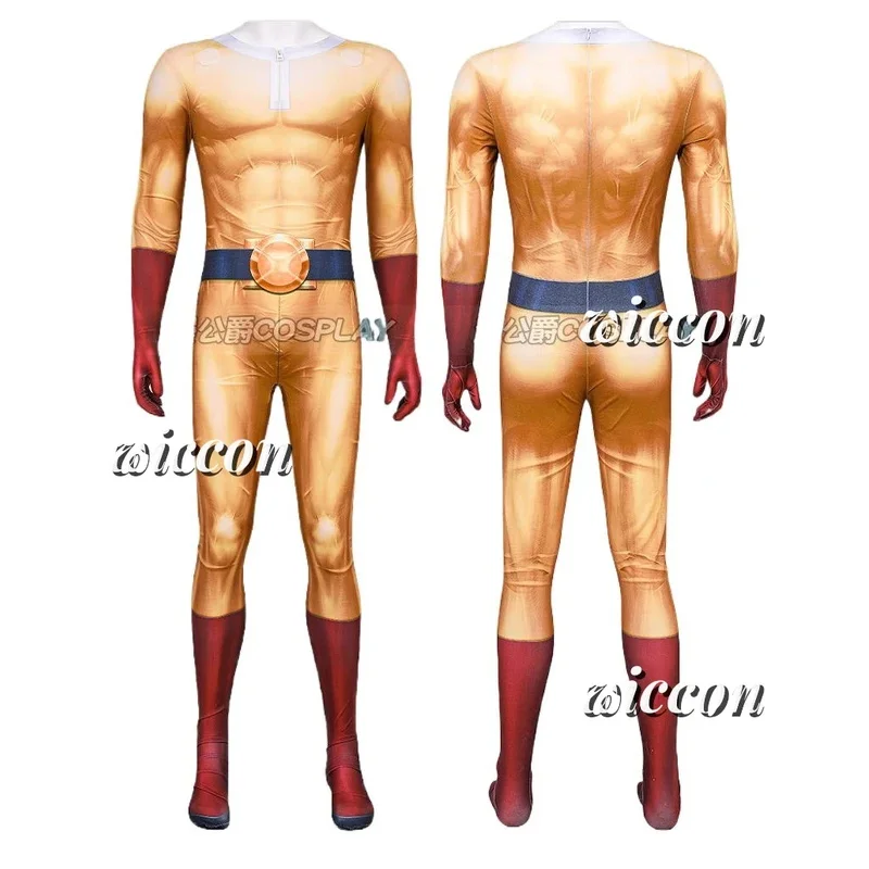 CyAnime One Punchman Cosplay Costume Saitama Cosplay Costume Bodysuit Jumpsuit Mask Headgear Halloween Props view 2