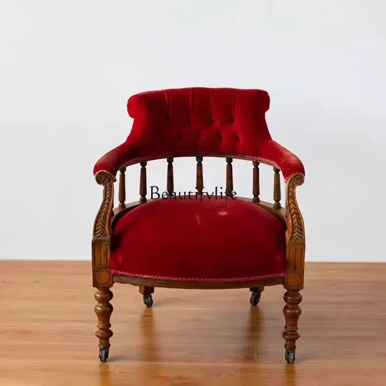 

*American retro old single sofa chair European carved living room balcony flannel leisure chair