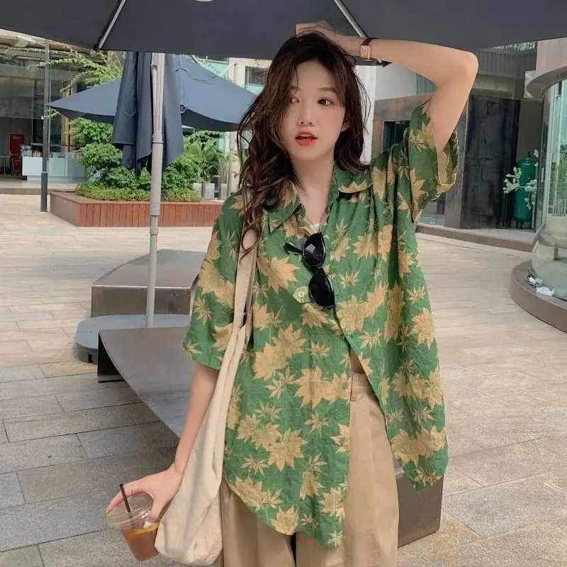 Summer Woman Clothing Leaf Flower Pattern Printing Short Sleeve Shirt Retro Korean Hongkong Japan Style Loose Casual Trend Basic