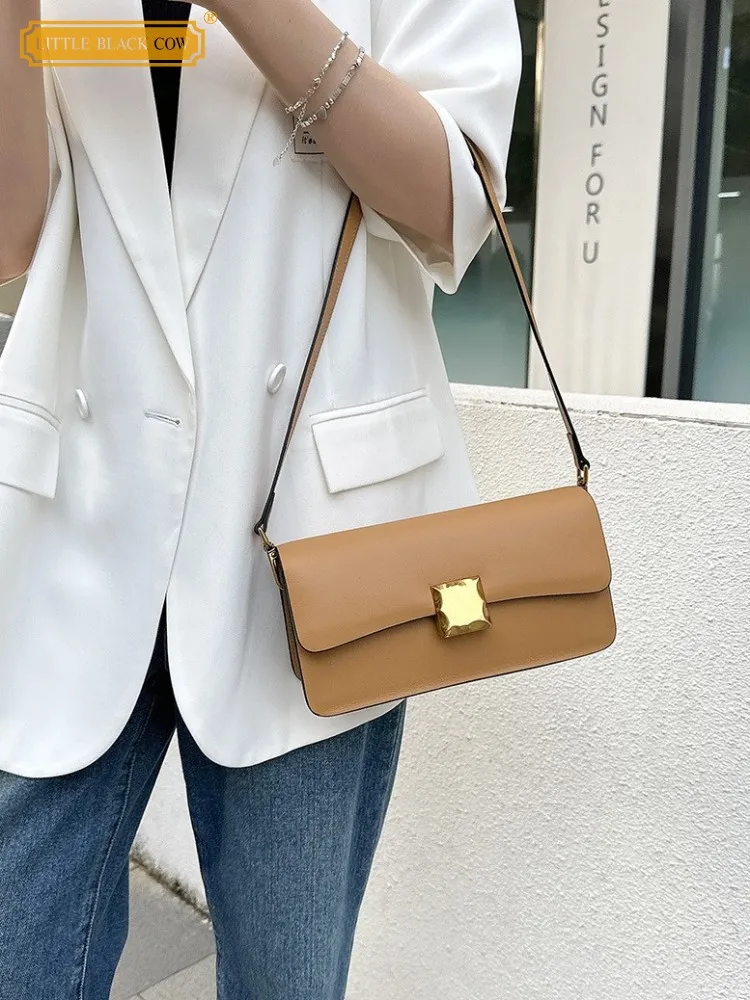 

Fashion Office Ladies Single Shoulder Bag Genuine Leather Flap Bag Women Handbag Elegant Underarm Bag Solid Color Crossbody Bags