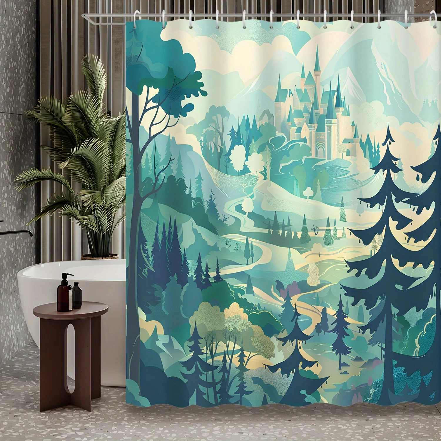 

1 шт., натуральный пейзаж, мультяшный зеленый лес, горы и реки, замок, занавеска для душа, украшение для ванной комнаты, включая душ