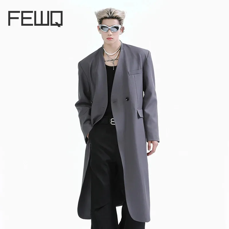 

FEWQ 2024 New Men's Windbreaker Jacket Double Breasted Design British Style Long Sleeve Personality Male Tops 24E2806