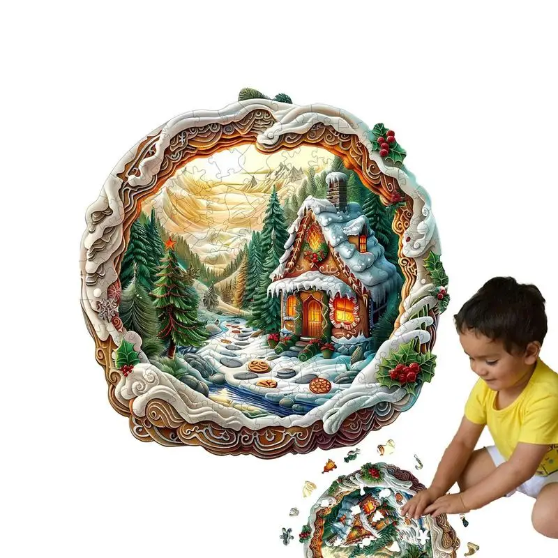 Christmas Puzzles for Adults Wooden Unique Shape Jigsaw Puzzles Flat Puzzles with 3D Visual Effect Christmas Themed Toys Family