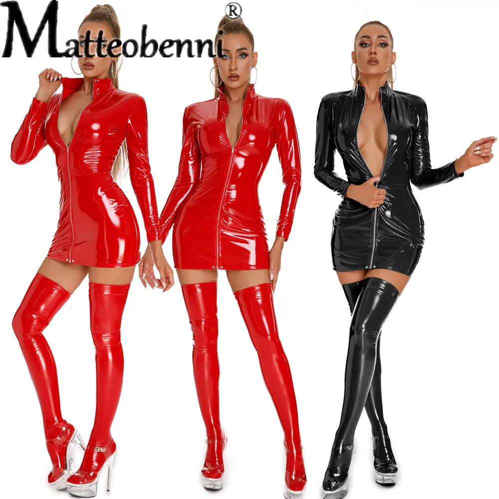 Sexy Langarm PU Leder Kleid mit Strümpfen Weiblichen Body Frauen Hohe Elastische Catsuit Sexy Latex Dessous Erotische Rotes Kleid