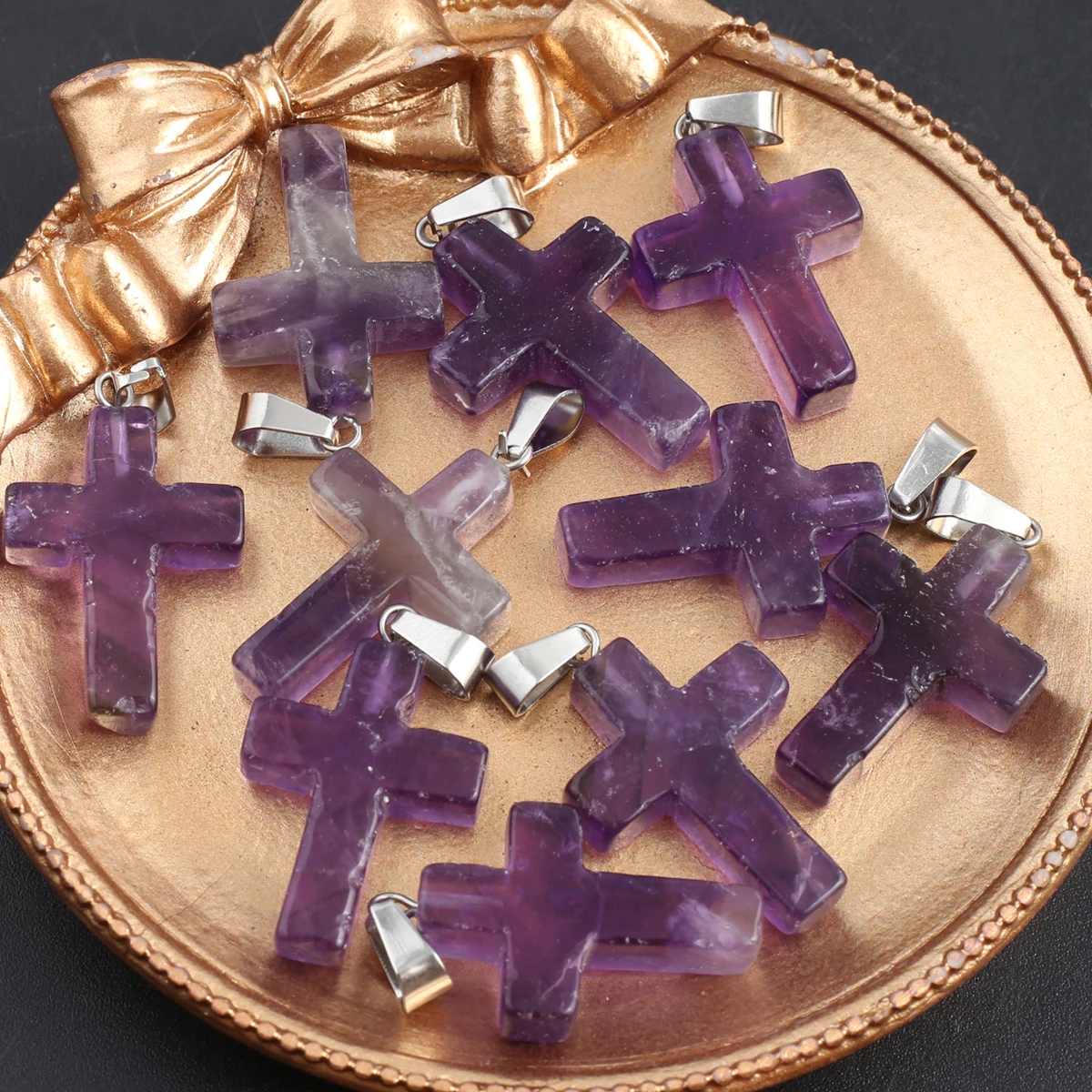 Amethyst Pendant Natural Stone Cross Shape Charms for Jewelry Making DIY Women Necklace Earrings Charms Bulk Items Wholesale