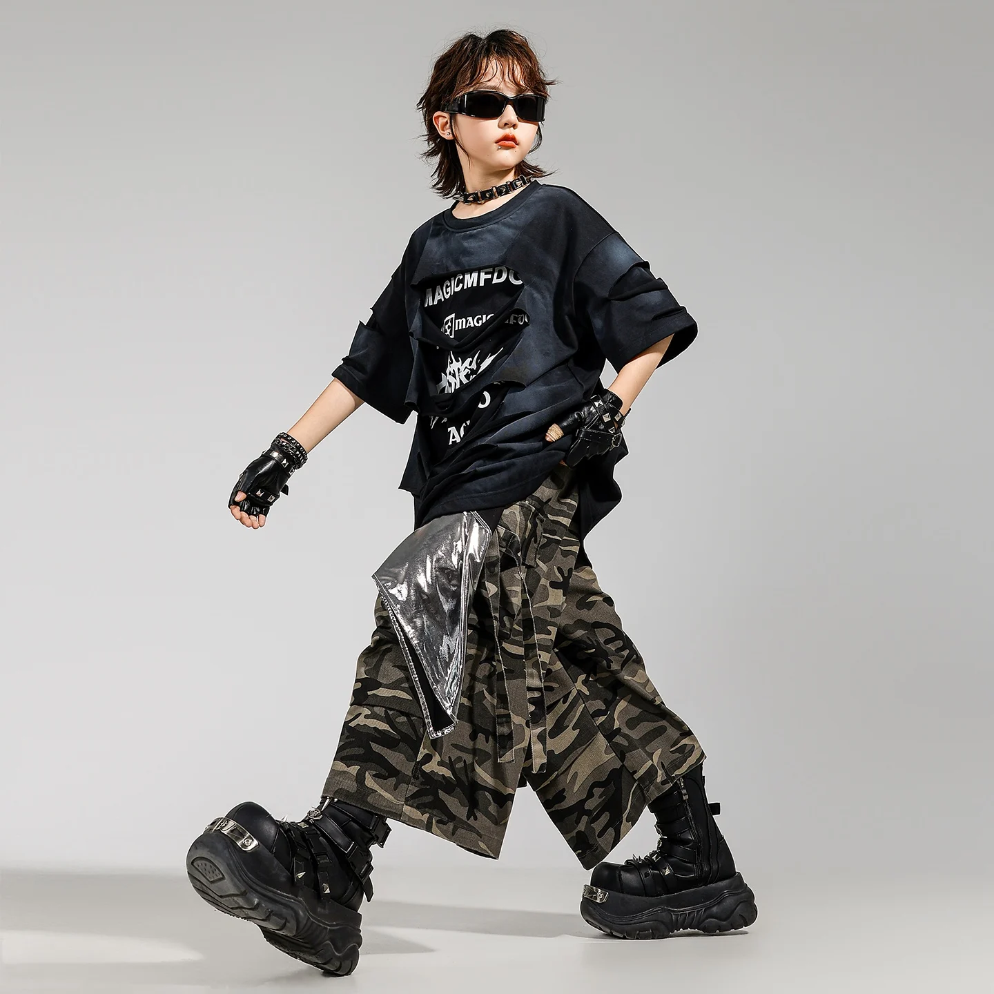 الأطفال ملابس فضفاضة تي شيرت السراويل التمويه Kpop وتتسابق للبنين أزياء رقص الجاز الفتيات الهيب هوب الهذيان الملابس DQS20110