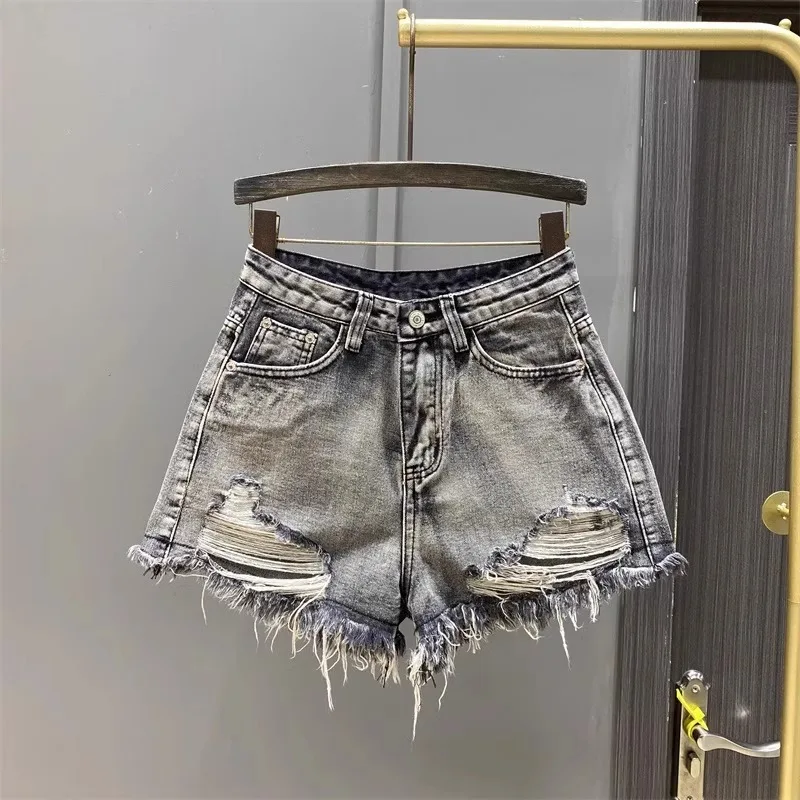 Worn Legs with Rough Edges Washed Black Denim Shorts 2026 Summer New Women Fashion A-line Wide Leg Hole Ripped Denim Shorts