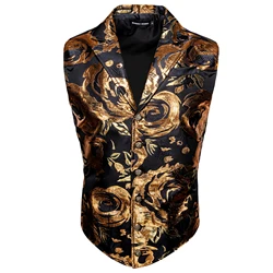 Gold Floral Men Suit Vest Lapel V Neck Silk Waistcoat Jacquard Weave Casual Formal Groomsman Jacket For Men Wedding Barry.Wang